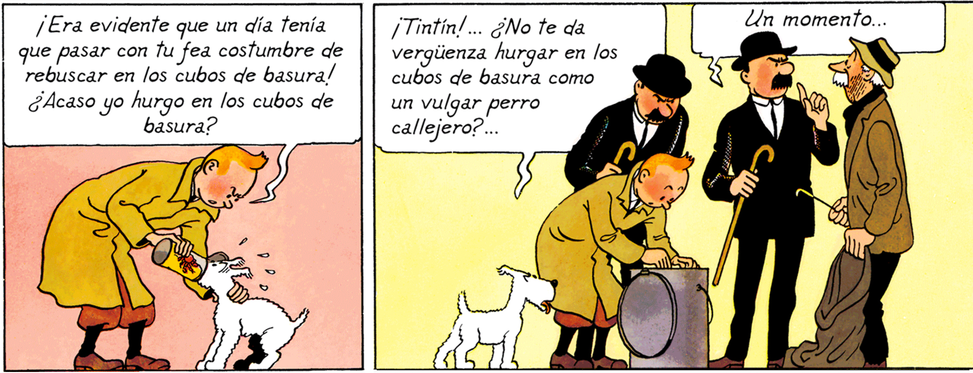 Tintin retire la boite de crabe du museau de Milou dans le crabe aux pinces d'or